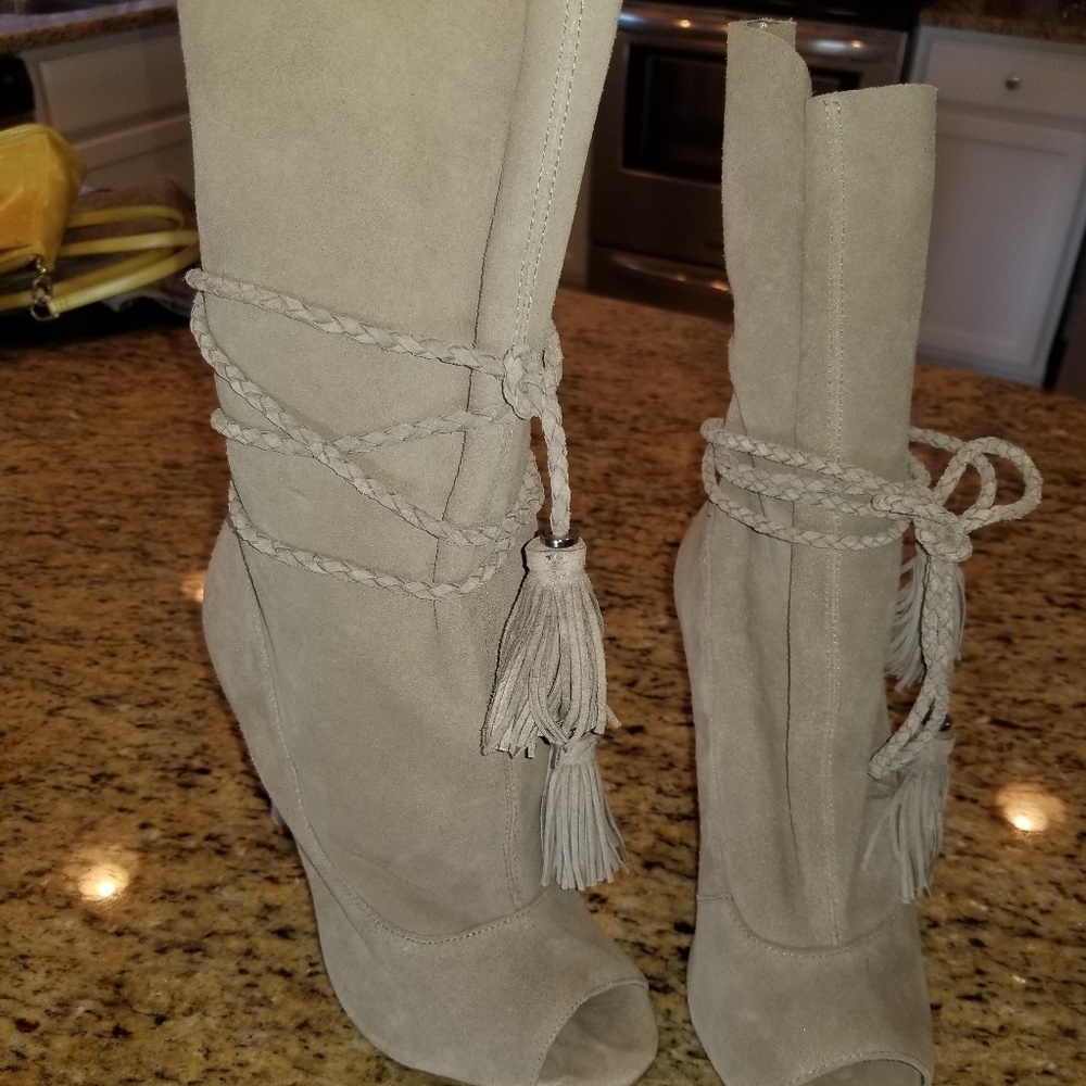 Schutz moose suede peep toe boot with tassels
